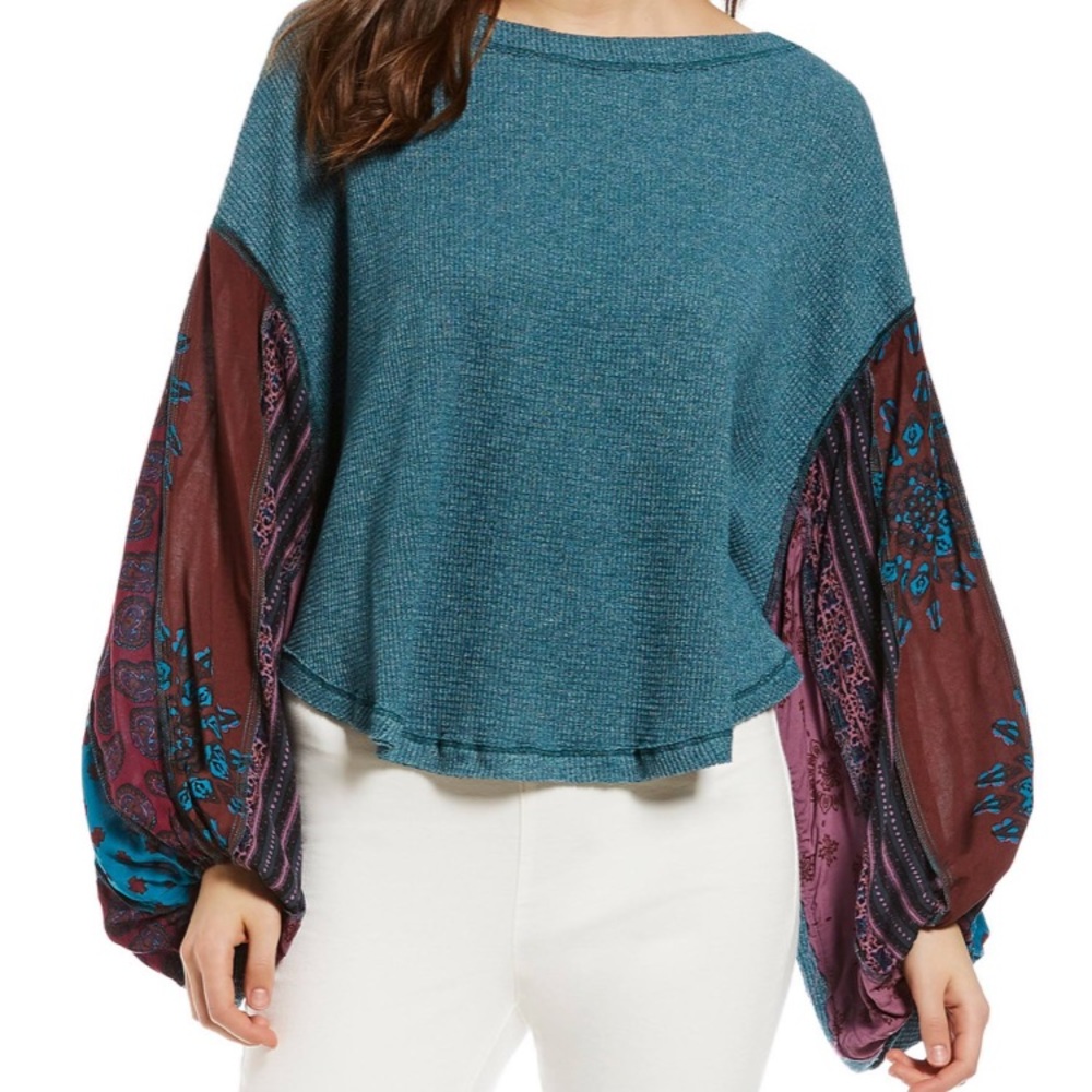 Free People Blossom Silk Thermal Teal Top